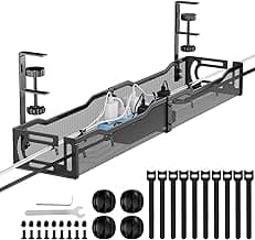 Cable Management, 25'' Cable Management Under Desk No Drill, Metal Cord Organizer with Clamp for Standing Desk, Cable Organizer for Home Office, Black