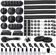 Cord Management Organizer Kit 4 Cable Sleeve split with 41Self Adhesive Cable Clips Holder, 10pcs and 2 Roll Self Adhesive tie and 100 Fastening Cable Ties for TV Office Car Desk Home